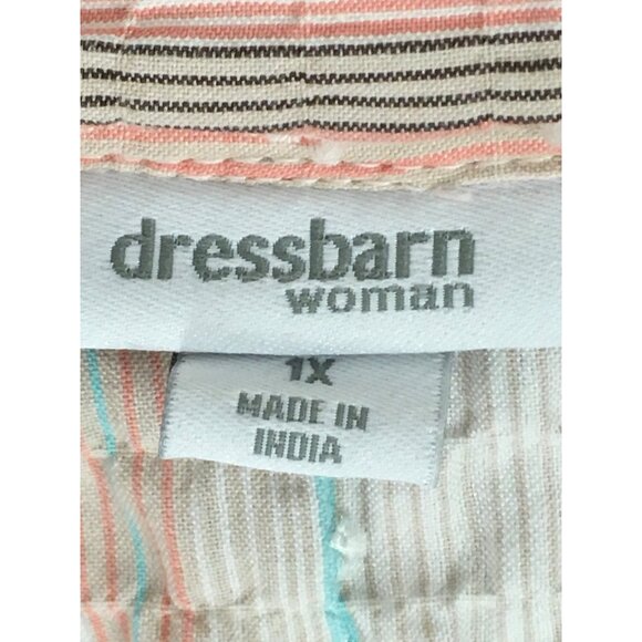 Dressbarn Womens Top Size 1X Pink White Green Striped Button Up Blouse V neck - Picture 7 of 14
